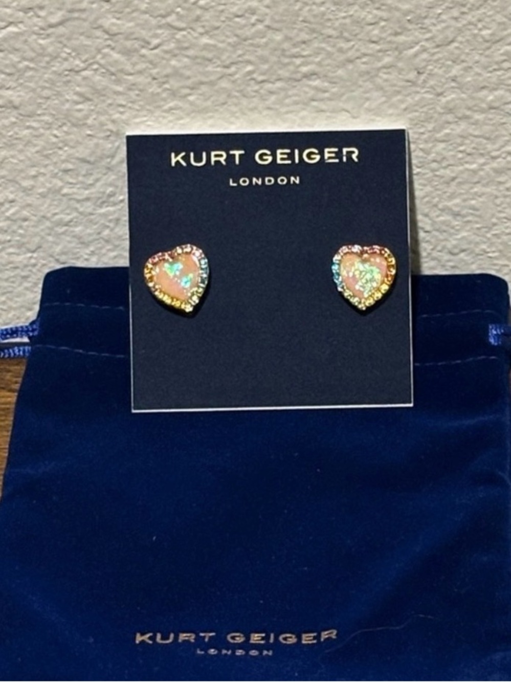 Kurt Geiger Iridescent Heart Stud Earrings with Gold Trim NWT